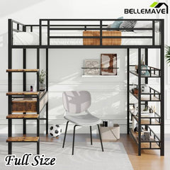 Bellemave® Metal Loft bed with Desk and Shelves - Bellemave