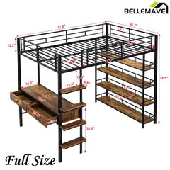 Bellemave® Metal Loft bed with Desk and Shelves - Bellemave