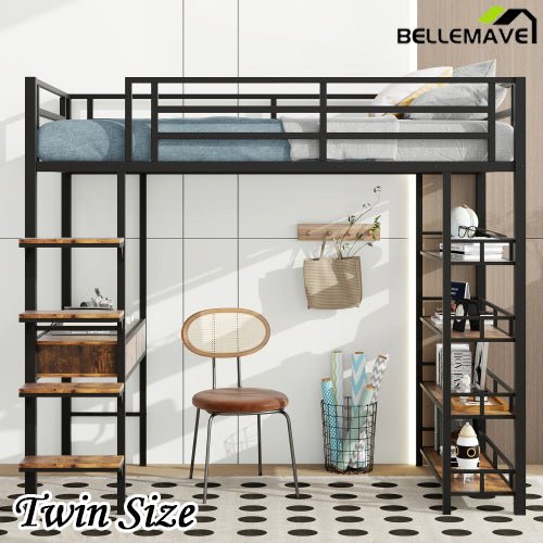 Bellemave® Metal Loft bed with Desk and Shelves - Bellemave