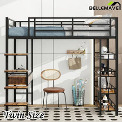 Bellemave® Metal Loft bed with Desk and Shelves - Bellemave