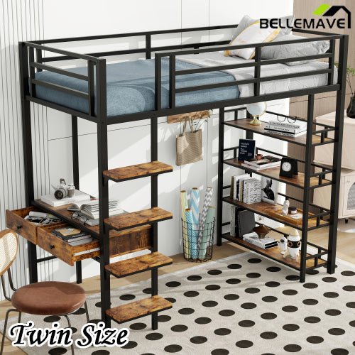 Bellemave® Metal Loft bed with Desk and Shelves - Bellemave