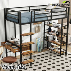 Bellemave® Metal Loft bed with Desk and Shelves - Bellemave
