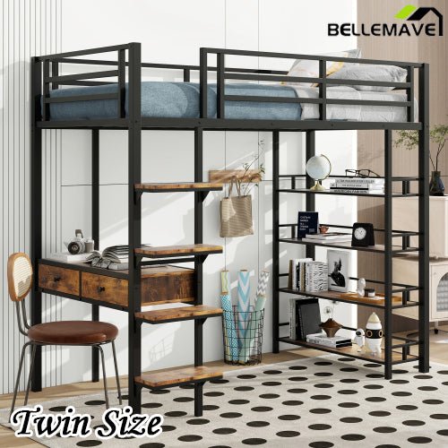 Bellemave® Metal Loft bed with Desk and Shelves - Bellemave