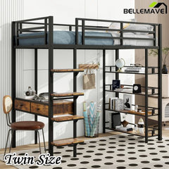 Bellemave® Metal Loft bed with Desk and Shelves - Bellemave