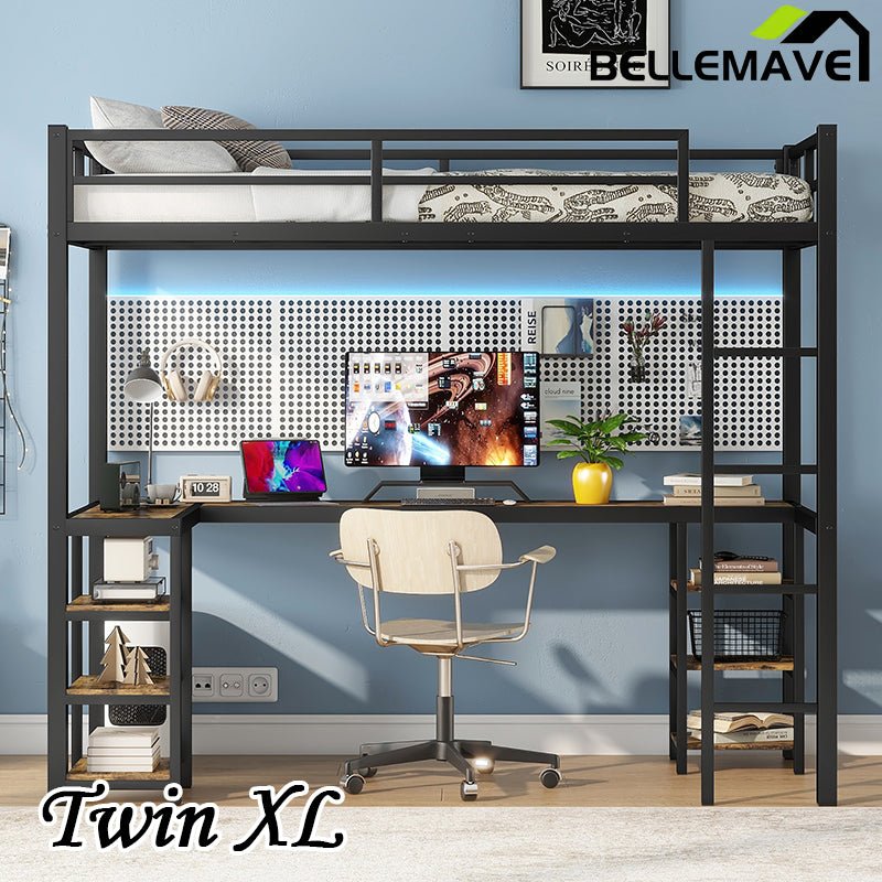 Bellemave® Metal Loft Bed with Desk and Shelves, Ladder and Guardrails - Bellemave