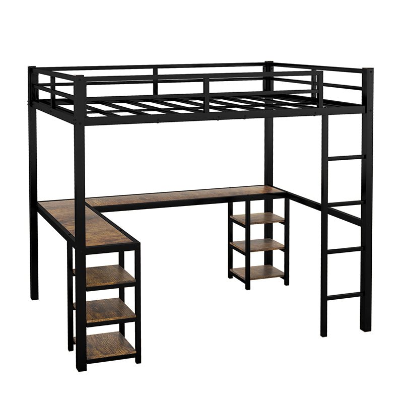Bellemave® Metal Loft Bed with Desk and Shelves, Ladder and Guardrails - Bellemave