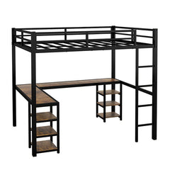 Bellemave® Metal Loft Bed with Desk and Shelves, Ladder and Guardrails - Bellemave