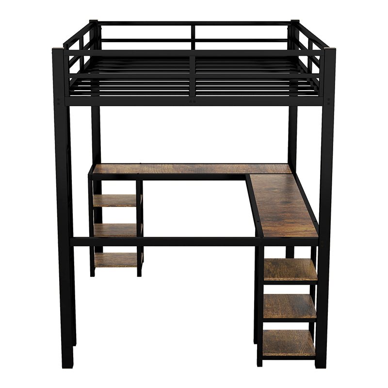Bellemave® Metal Loft Bed with Desk and Shelves, Ladder and Guardrails - Bellemave