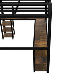 Bellemave® Metal Loft Bed with Desk and Shelves, Ladder and Guardrails - Bellemave