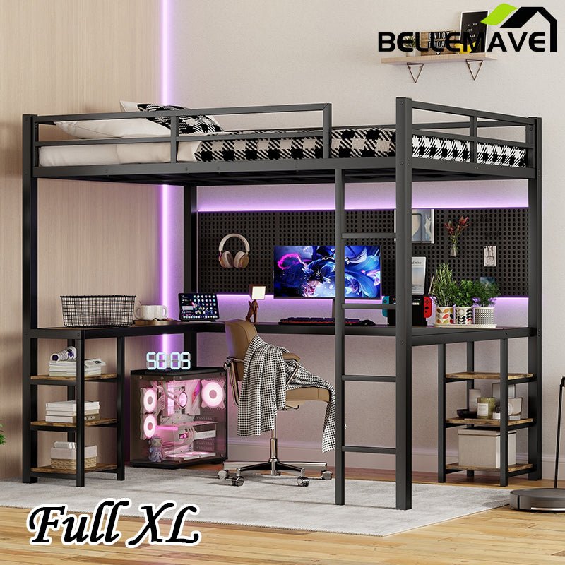 Bellemave® Metal Loft Bed with Desk and Shelves, Ladder and Guardrails - Bellemave