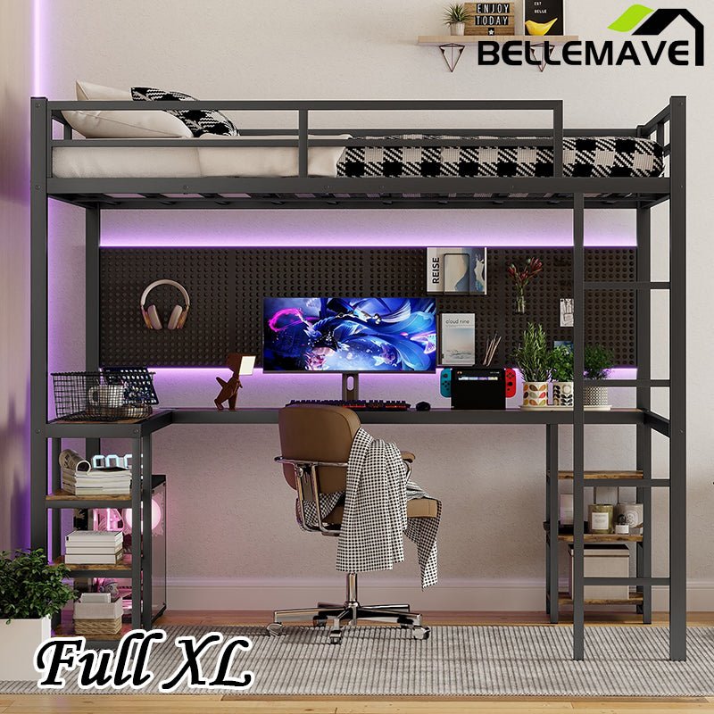 Bellemave® Metal Loft Bed with Desk and Shelves, Ladder and Guardrails - Bellemave