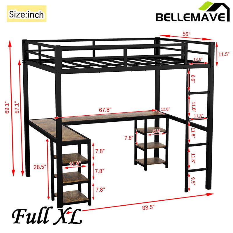 Bellemave® Metal Loft Bed with Desk and Shelves, Ladder and Guardrails - Bellemave