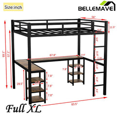 Bellemave® Metal Loft Bed with Desk and Shelves, Ladder and Guardrails - Bellemave