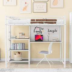 Bellemave® Metal Loft Bed with Desk and Whiteboard, 3 Shelves and Ladder - Bellemave