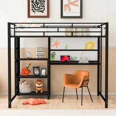 Bellemave® Metal Loft Bed with Desk and Whiteboard, 3 Shelves and Ladder - Bellemave