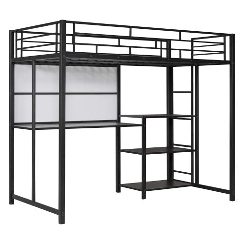 Bellemave® Metal Loft Bed with Desk and Whiteboard, 3 Shelves and Ladder - Bellemave