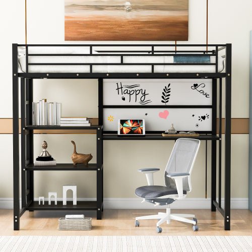 Bellemave® Metal Loft Bed with Desk and Whiteboard, 3 Shelves and Ladder - Bellemave