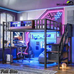Black Full Size Loft Bed Gaming and Study Setup