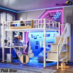 White Full Size Metal Loft Bed with Desk