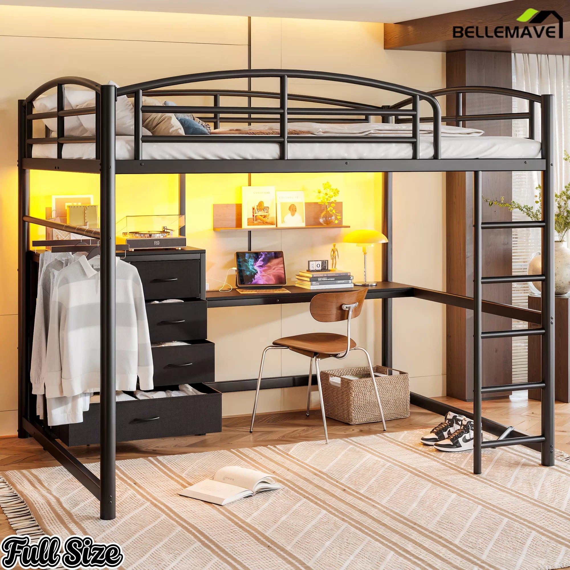 Black full-size metal loft bed with desk and drawers in a bedroom setting
