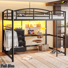 Black full-size metal loft bed with desk and drawers in a bedroom setting