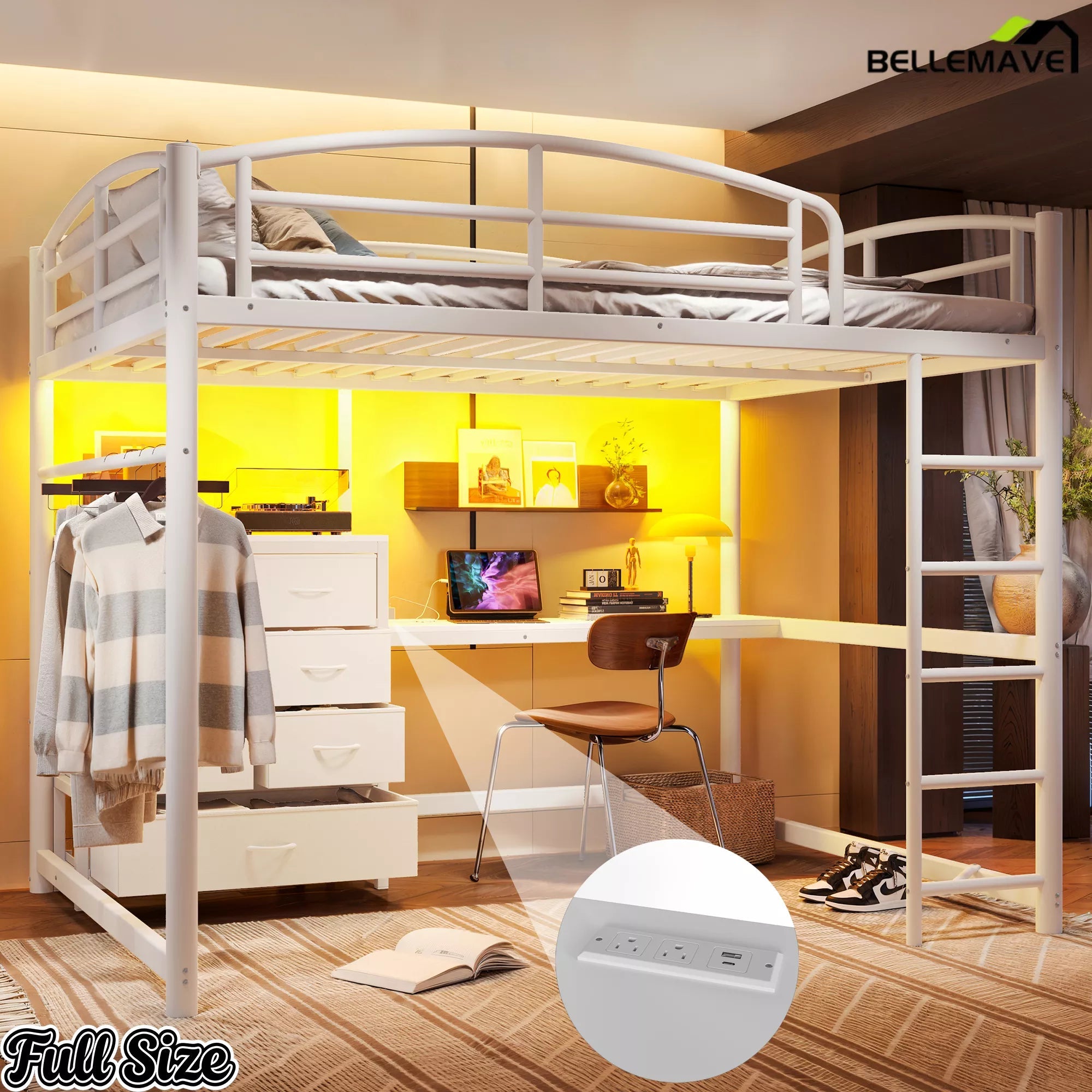 Alternate view of a white full-size metal loft bed with desk and storage drawers