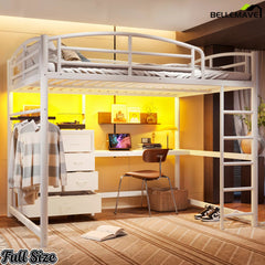 White metal loft bed showing the upper sleeping area and under-bed workspace