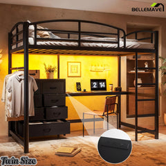 Angled view of a black twin loft bed with integrated desk and drawer storage