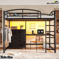 Front view of a black twin-size metal loft bed with fabric drawers