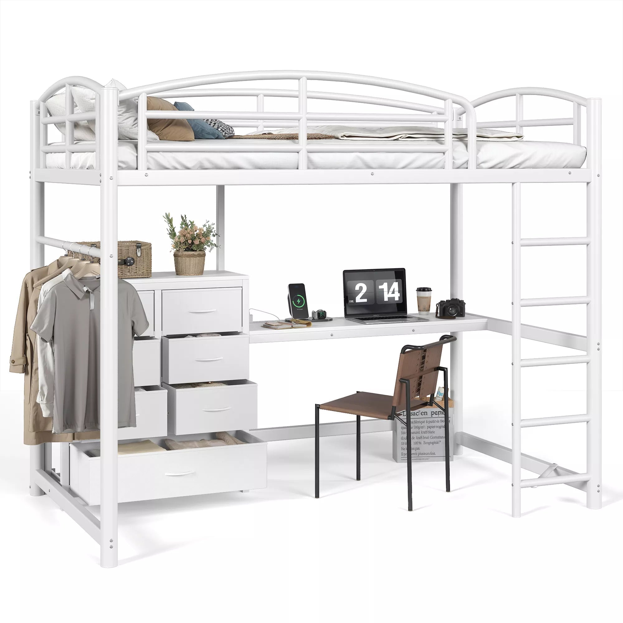 White metal loft bed with desk, fabric storage drawers, and hanging space underneath