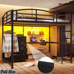 Black metal loft bed with desk, LED light, and fabric storage drawers