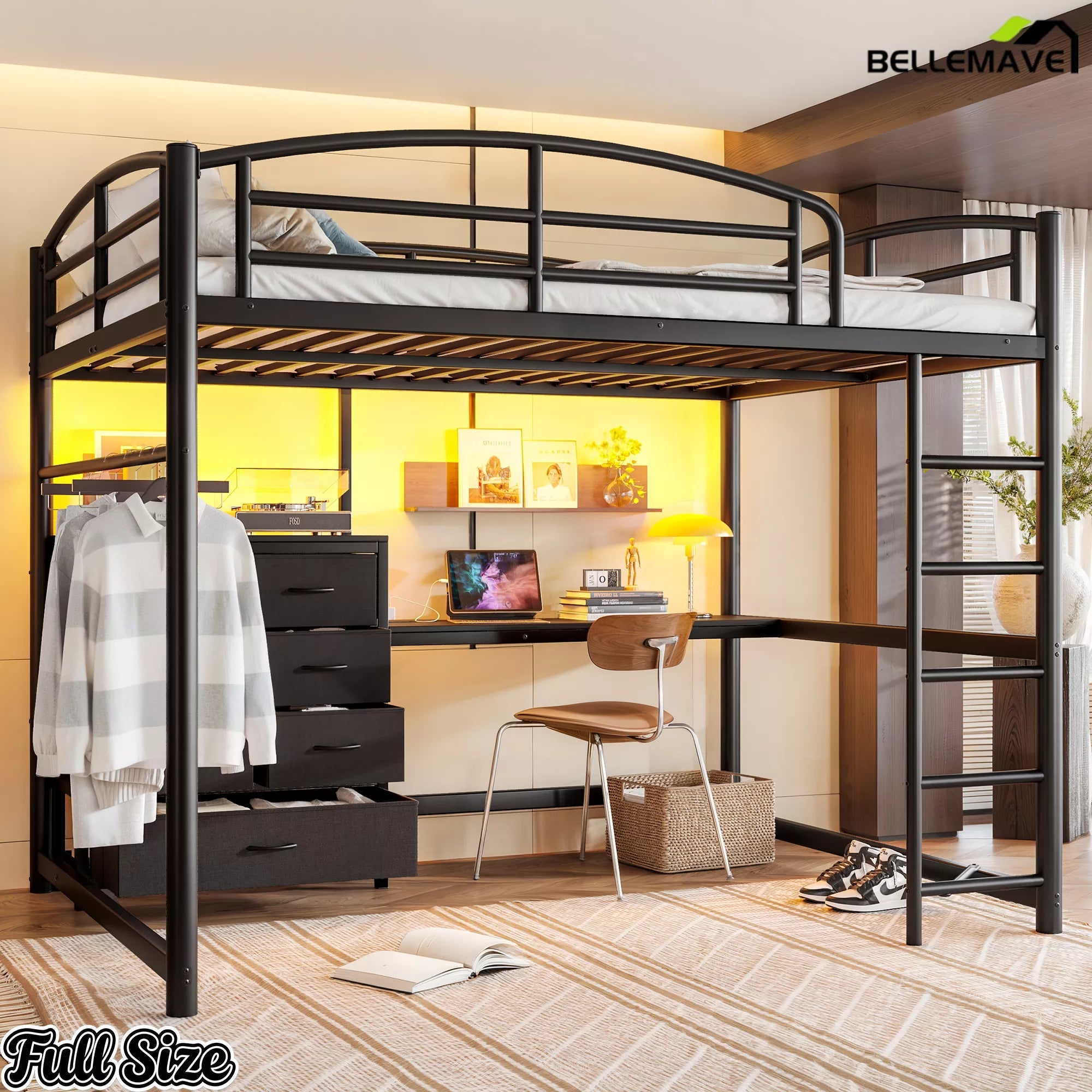 Front view of a black metal loft bed with desk and fabric drawer storage