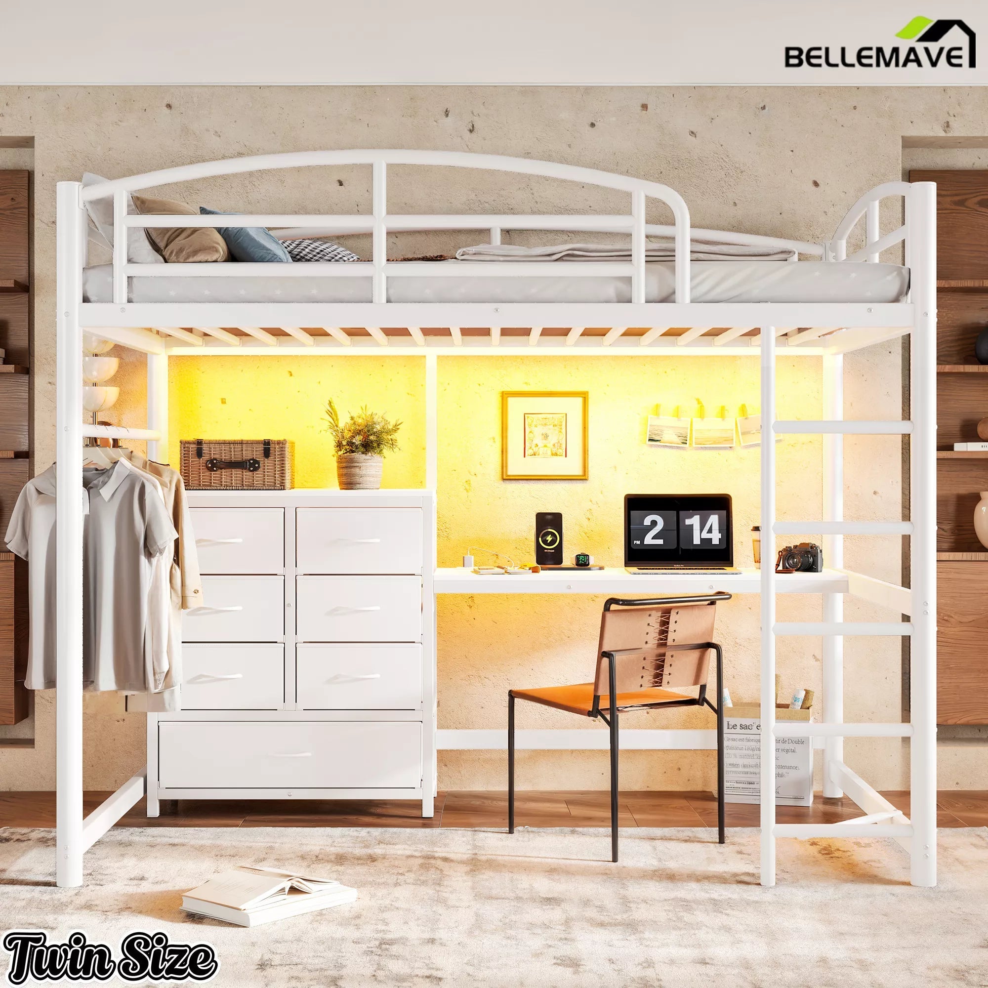 White twin-size metal loft bed with integrated desk and fabric drawer storage