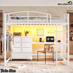 White twin-size metal loft bed with integrated desk and fabric drawer storage