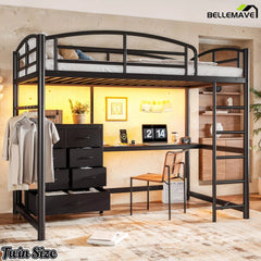 Black twin metal loft bed with under-bed workstation and fabric drawer unit