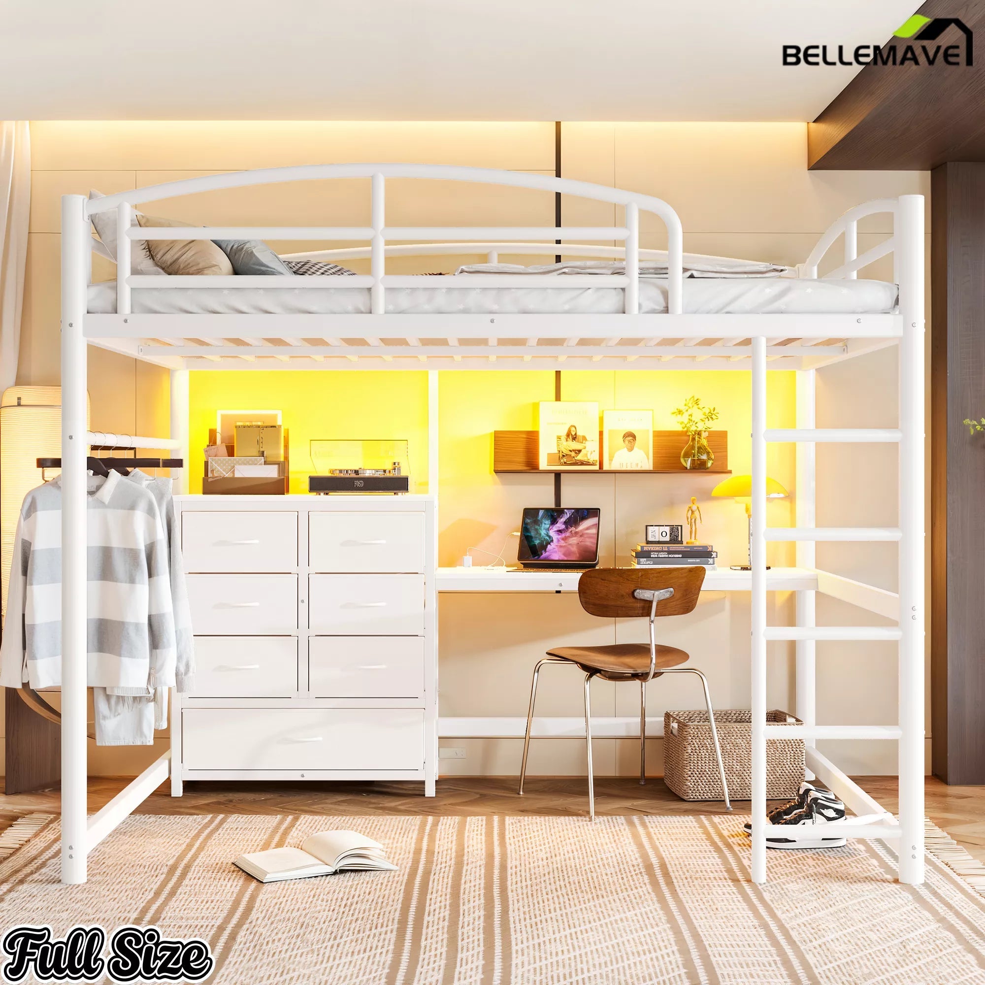 White full-size metal loft bed with illuminated desk area and fabric drawers