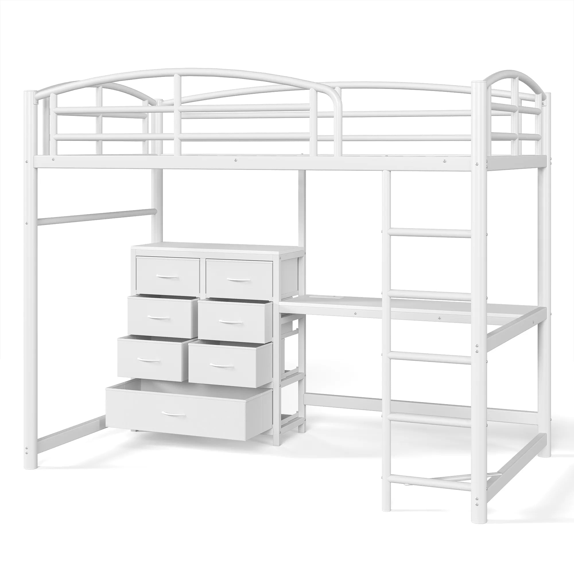White metal low loft bed frame with under-bed desk and fabric drawers