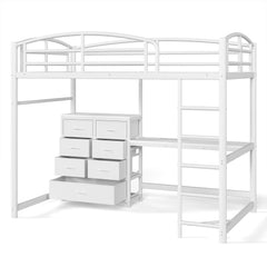 White metal low loft bed frame with under-bed desk and fabric drawers
