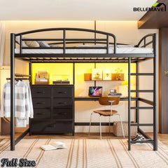 Full-size black metal loft bed with under-bed desk and storage drawers