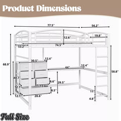 Full-size white metal loft bed with desk and storage drawers, dimension diagram