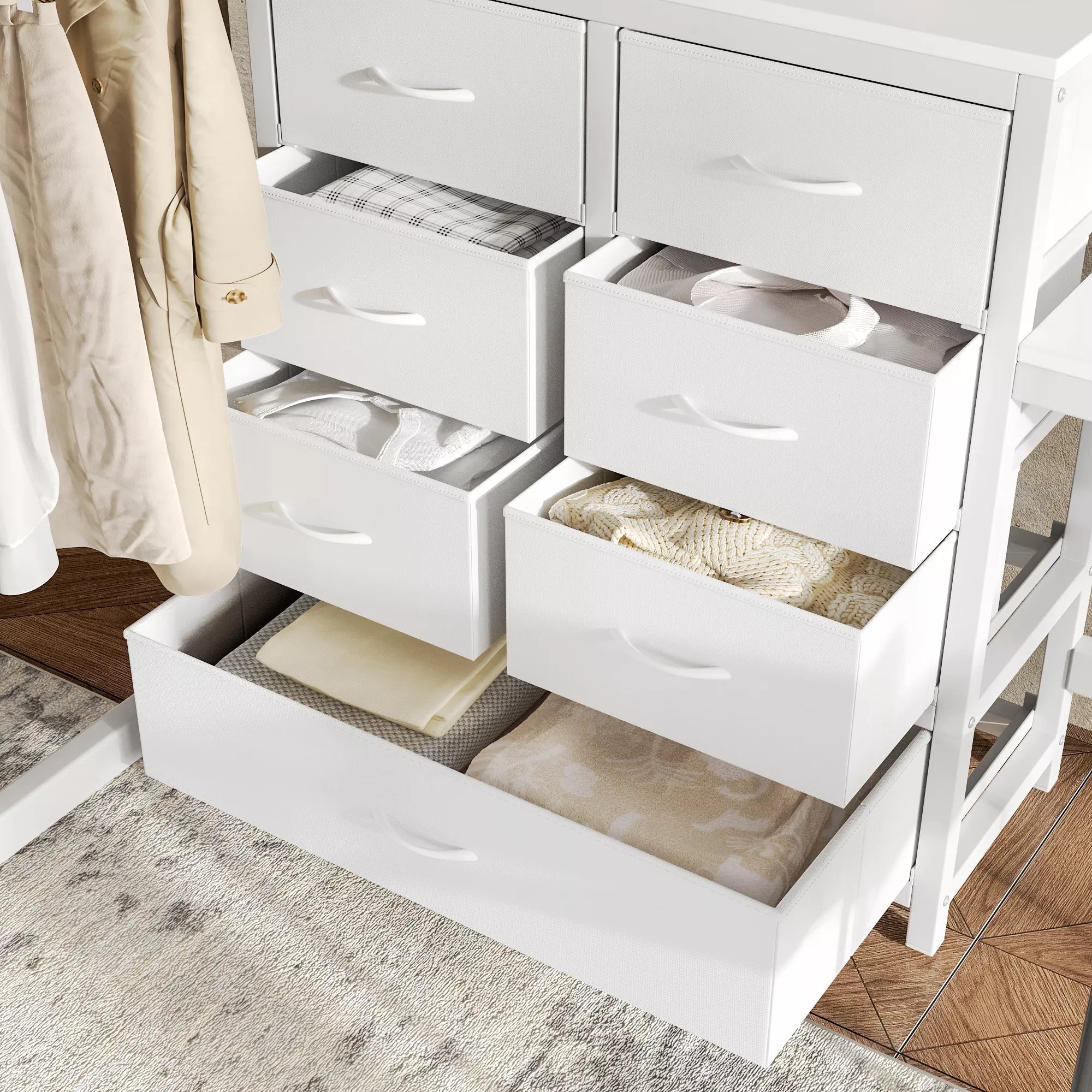 Open non-woven fabric storage drawers showing space for folded clothes and bedroom essentials