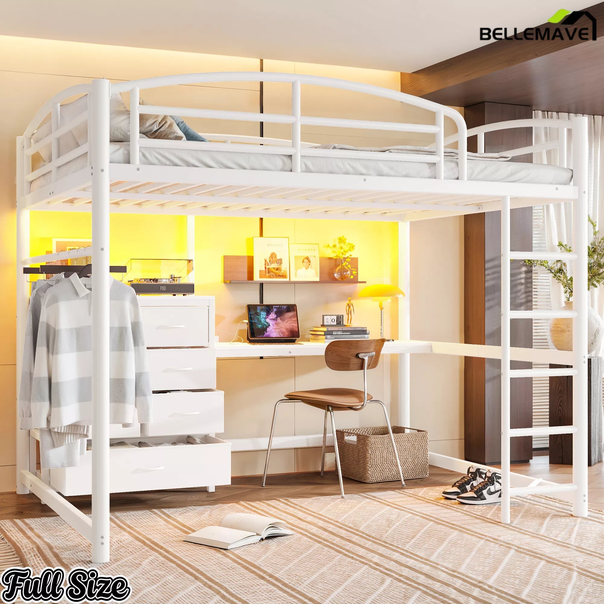 Angled view of a white metal loft bed with integrated desk and drawer storage
