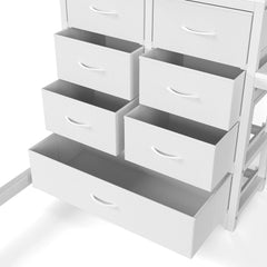 Close-up view of non-woven fabric storage drawers under a white metal loft bed