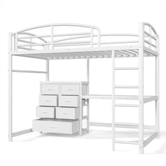 Front view of a white metal loft bed with integrated desk and storage drawers