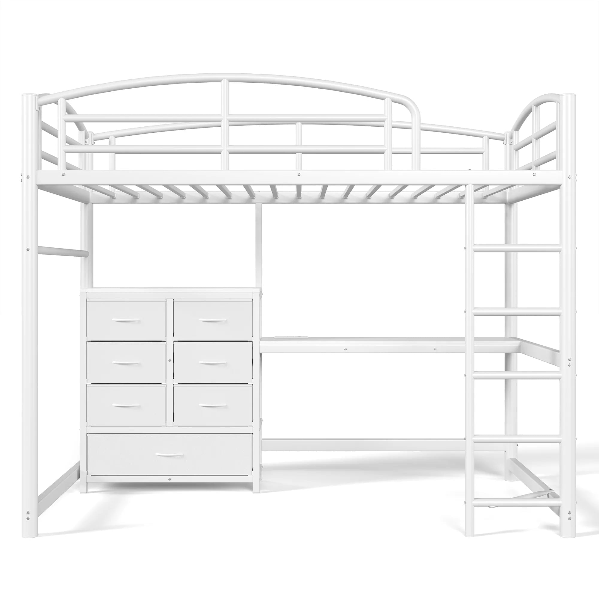 Side view of a white metal loft bed with desk and drawer storage