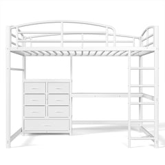 Side view of a white metal loft bed with desk and drawer storage