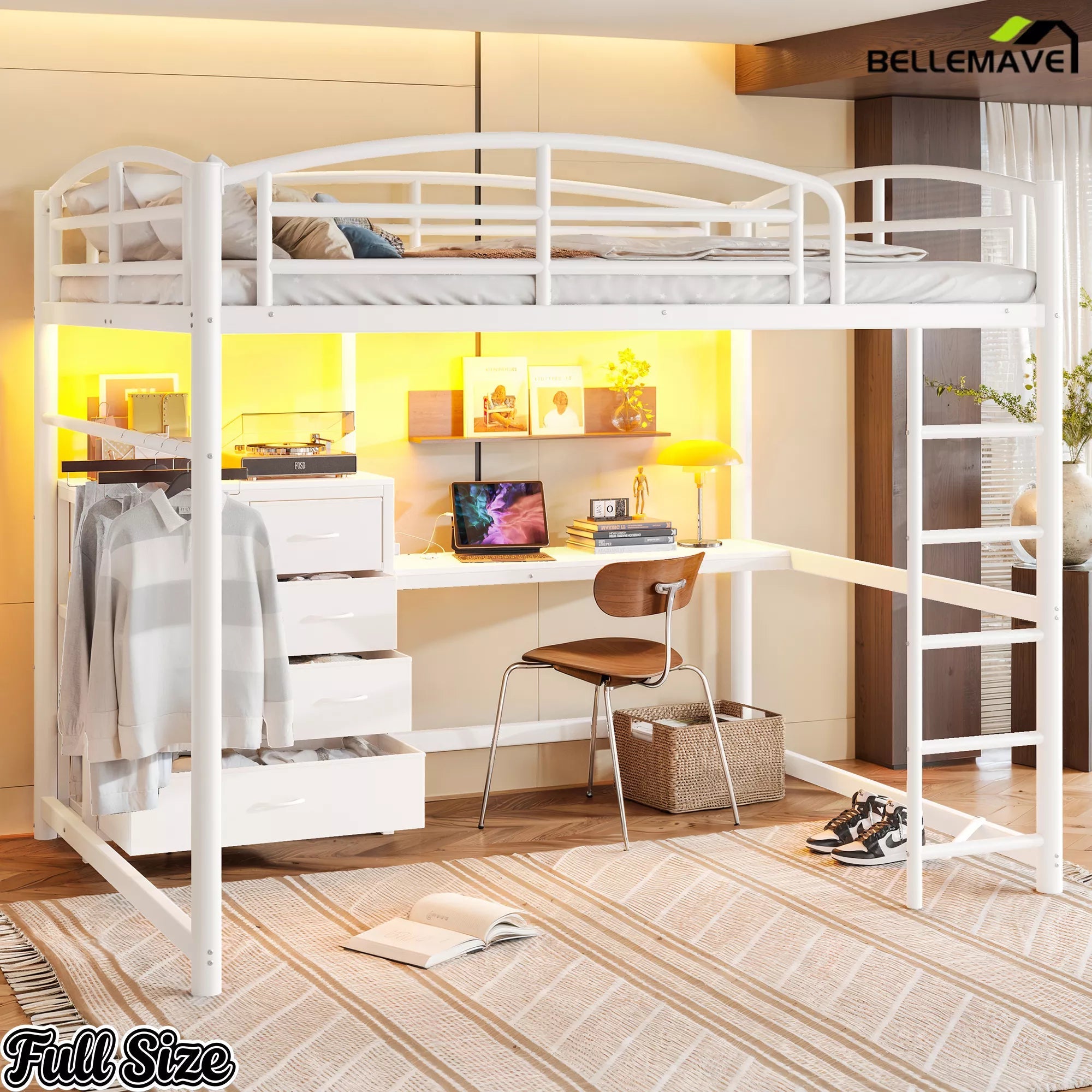 White full-size loft bed frame with desk and fabric drawers in a bedroom