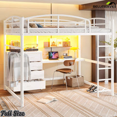 White full-size loft bed frame with desk and fabric drawers in a bedroom