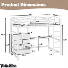 Twin-size white metal loft bed with desk and storage drawers, dimension diagram