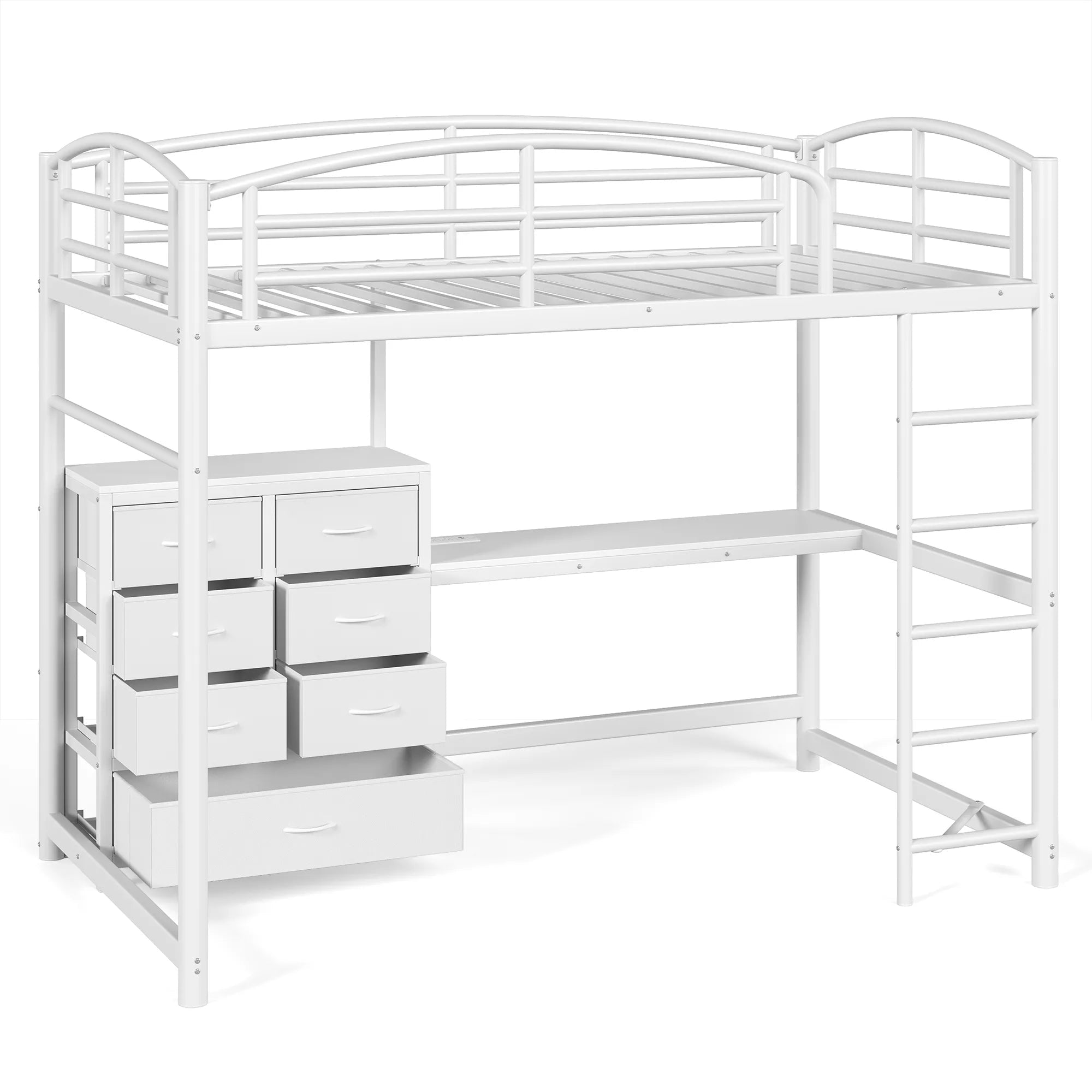 White metal loft bed with workstation and multiple fabric storage drawers